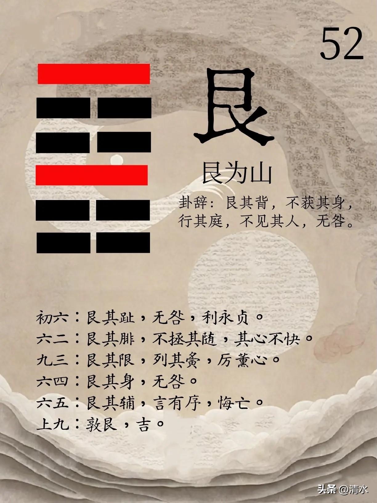 易经易经，八卦八卦之：
艮山卦
初六艮，阴居阳位，持守不动
六二艮，没有前行，心