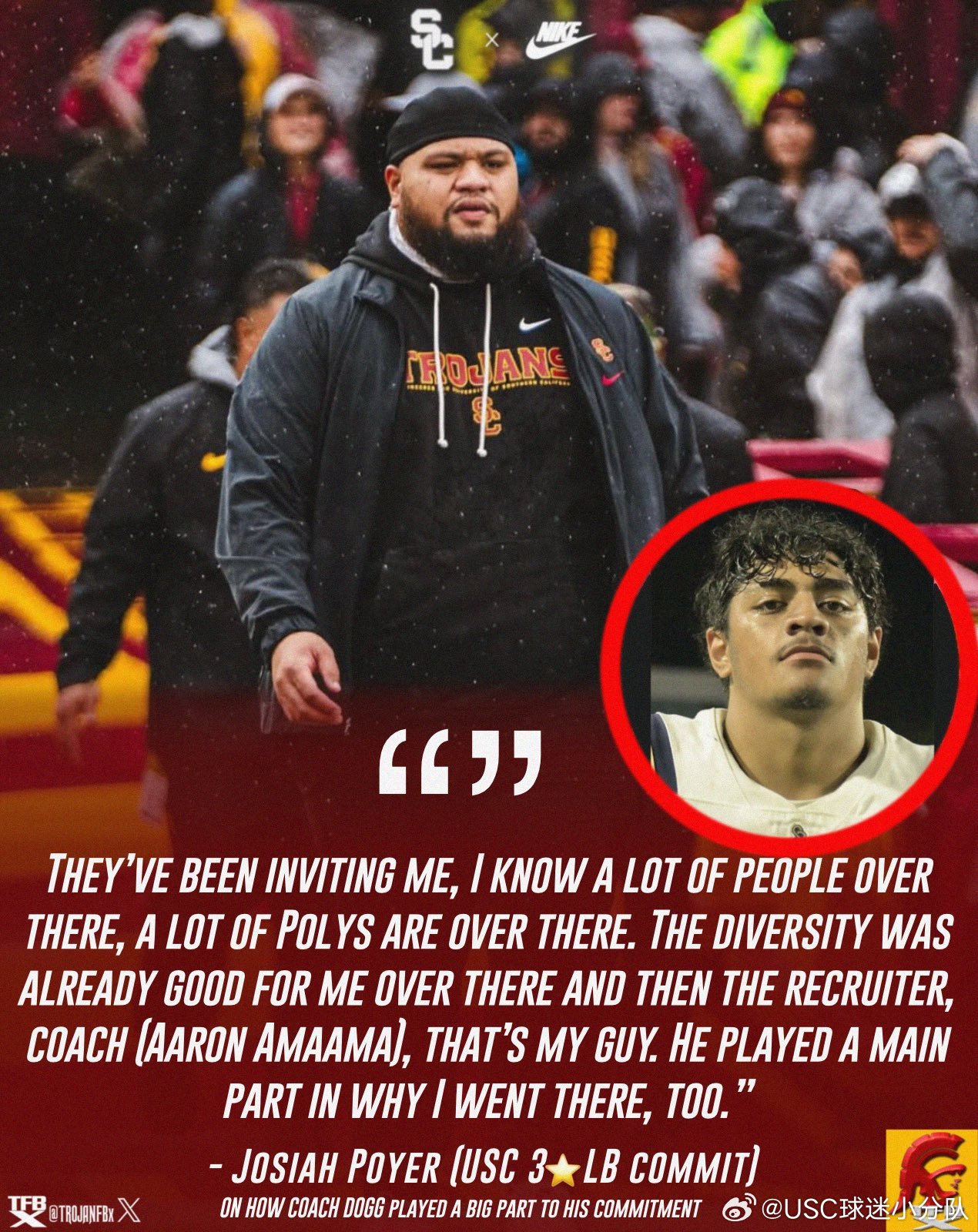 NCAA橄榄球2027 Class的三星线卫Josiah Poyer近日Comm