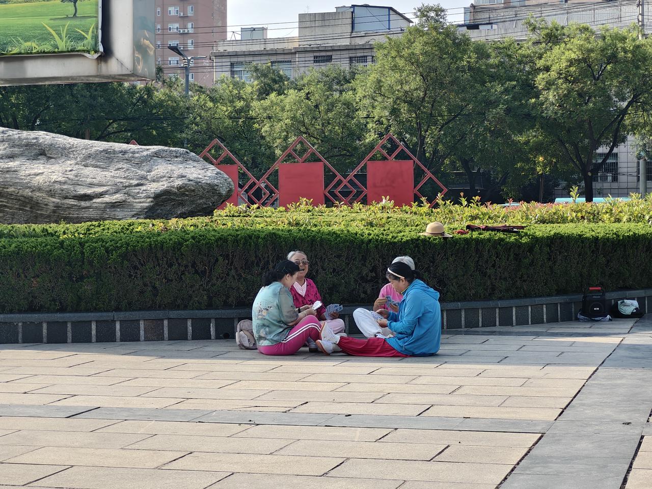 清晨在运城市西花园一瞥，四个老姐们围坐在一起打牌，交流情感，看着挺温馨。这四个姐