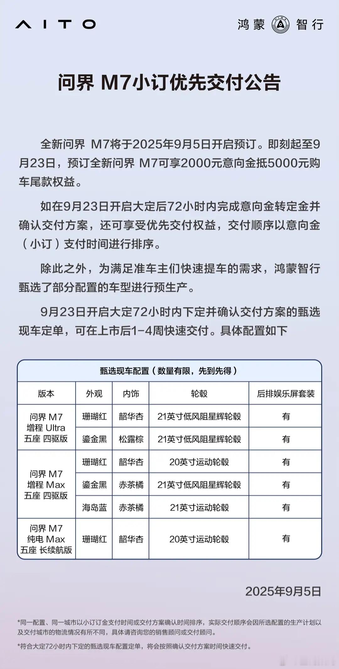 【鸿蒙智行：全新问界M7部分配置预生产，上市后1-4周快速交付】鸿蒙智行“幸福旗