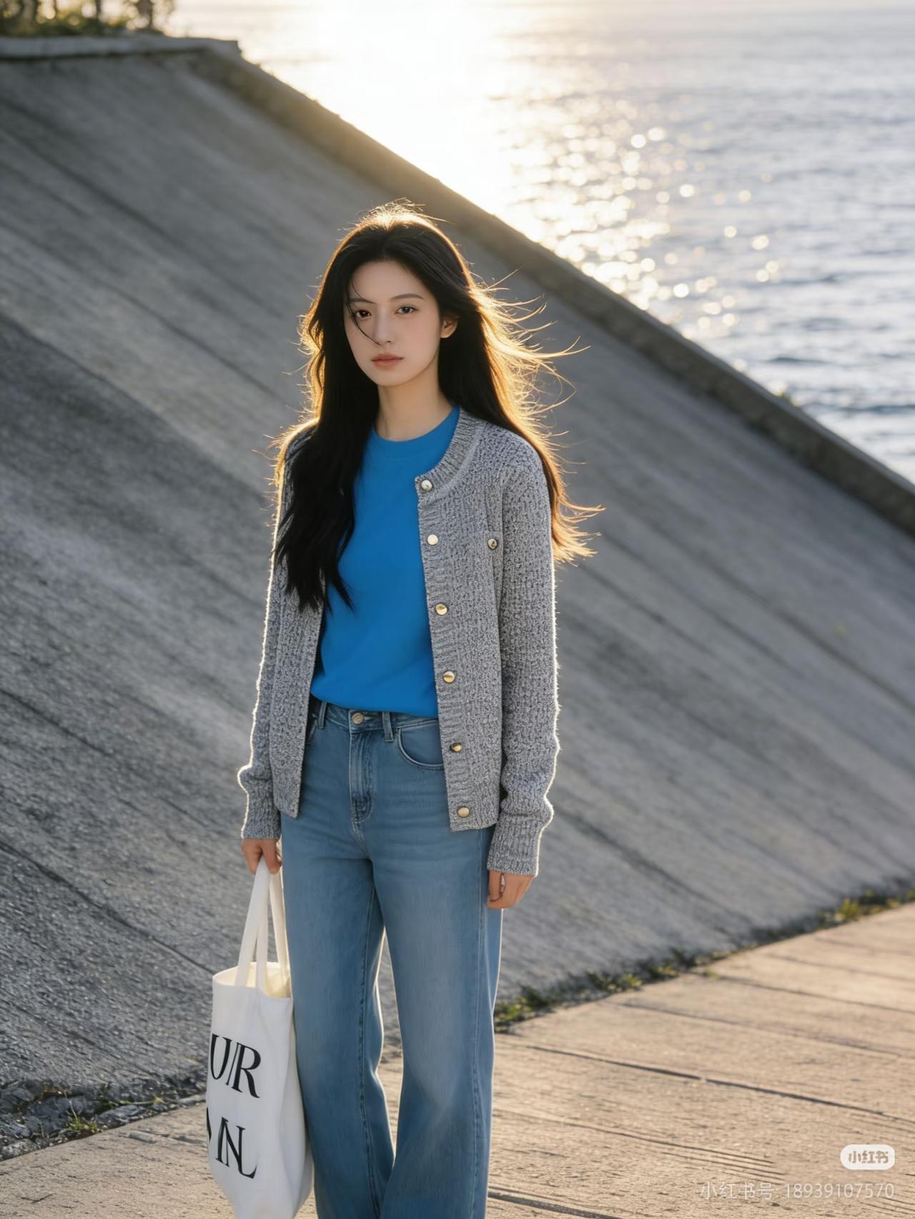 海风吹拂，长发飘逸。