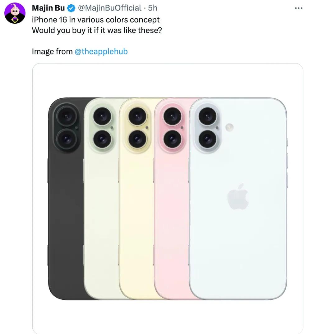 #疑似iPhone16设计图流出# 据称X平台消息源Majin Bu分享了一份疑