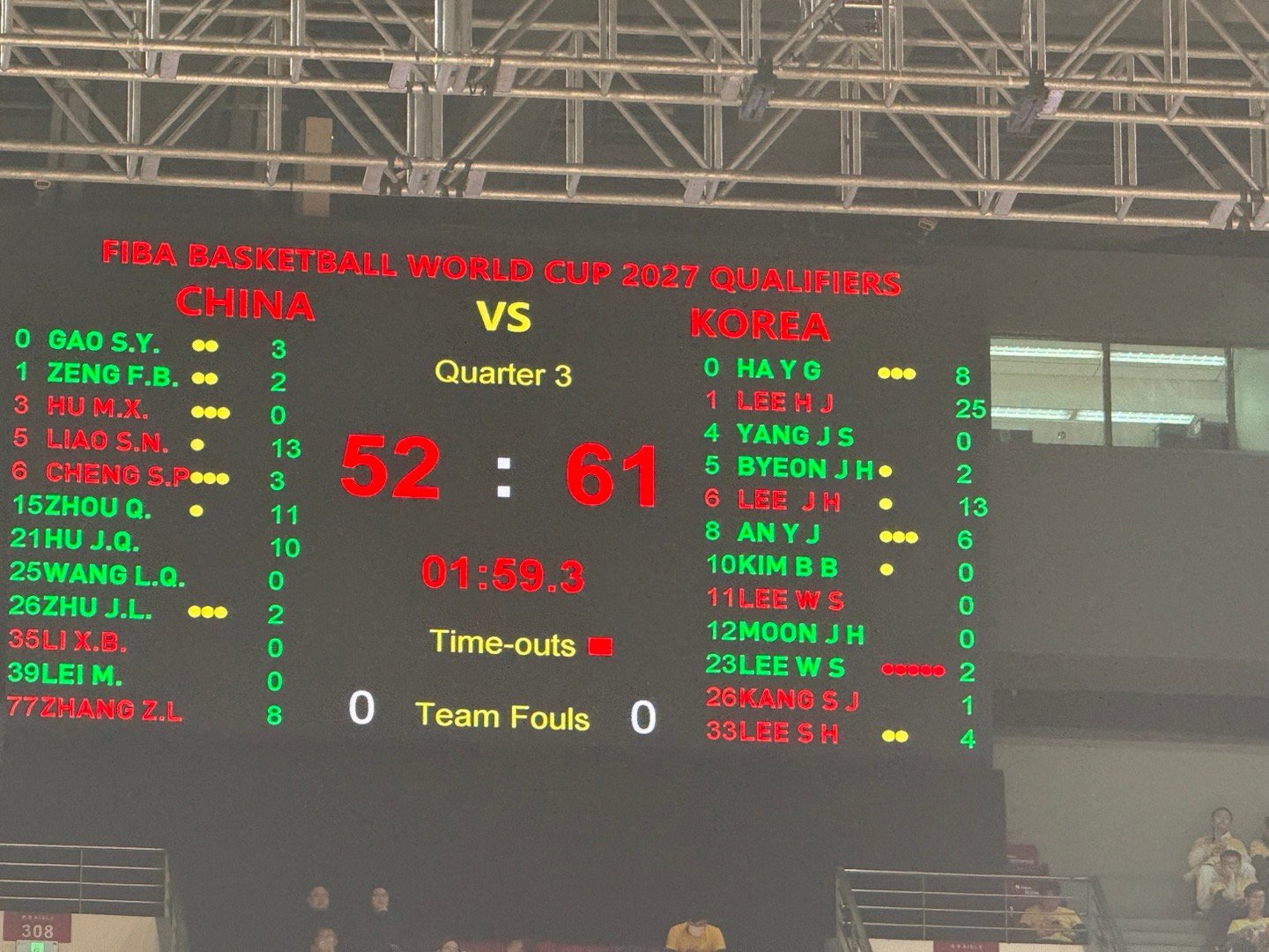 中国男篮vs韩国男篮朱俊龙追帽李贤重中国男篮落后9分进入末节，能不能在五棵松的助
