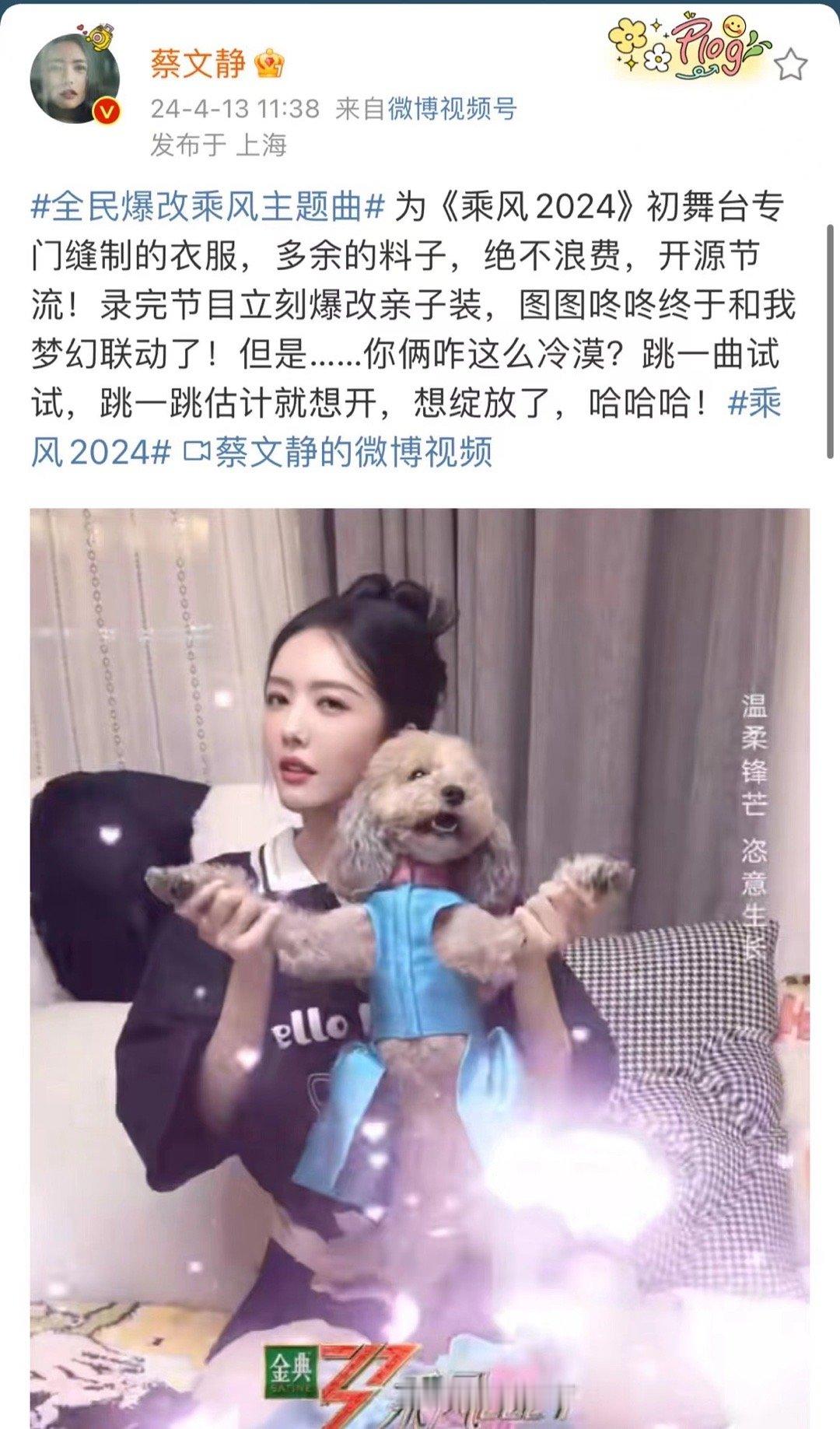 #蔡文静一块布做三套打歌服# 蔡文静带上自家狗狗们爆改《乘风2024》主题曲，还