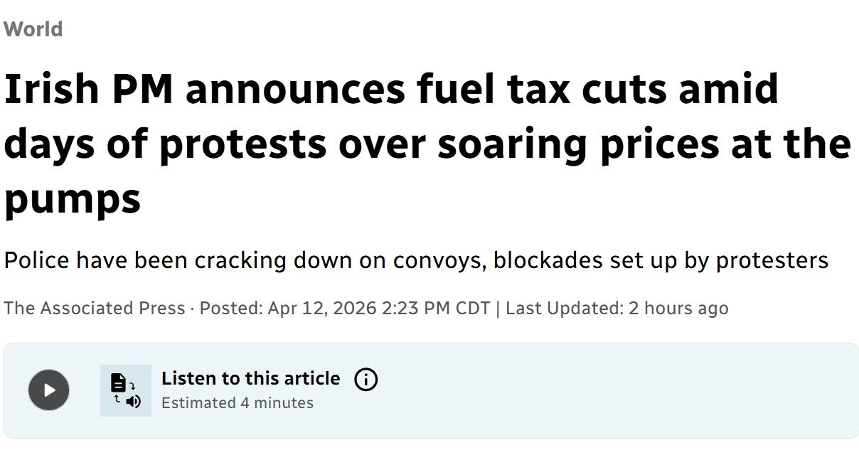 爱尔兰油荒，爆发严重抗议
爱尔兰总理迈克尔·马丁周日表示，政府将提供新的燃油税减