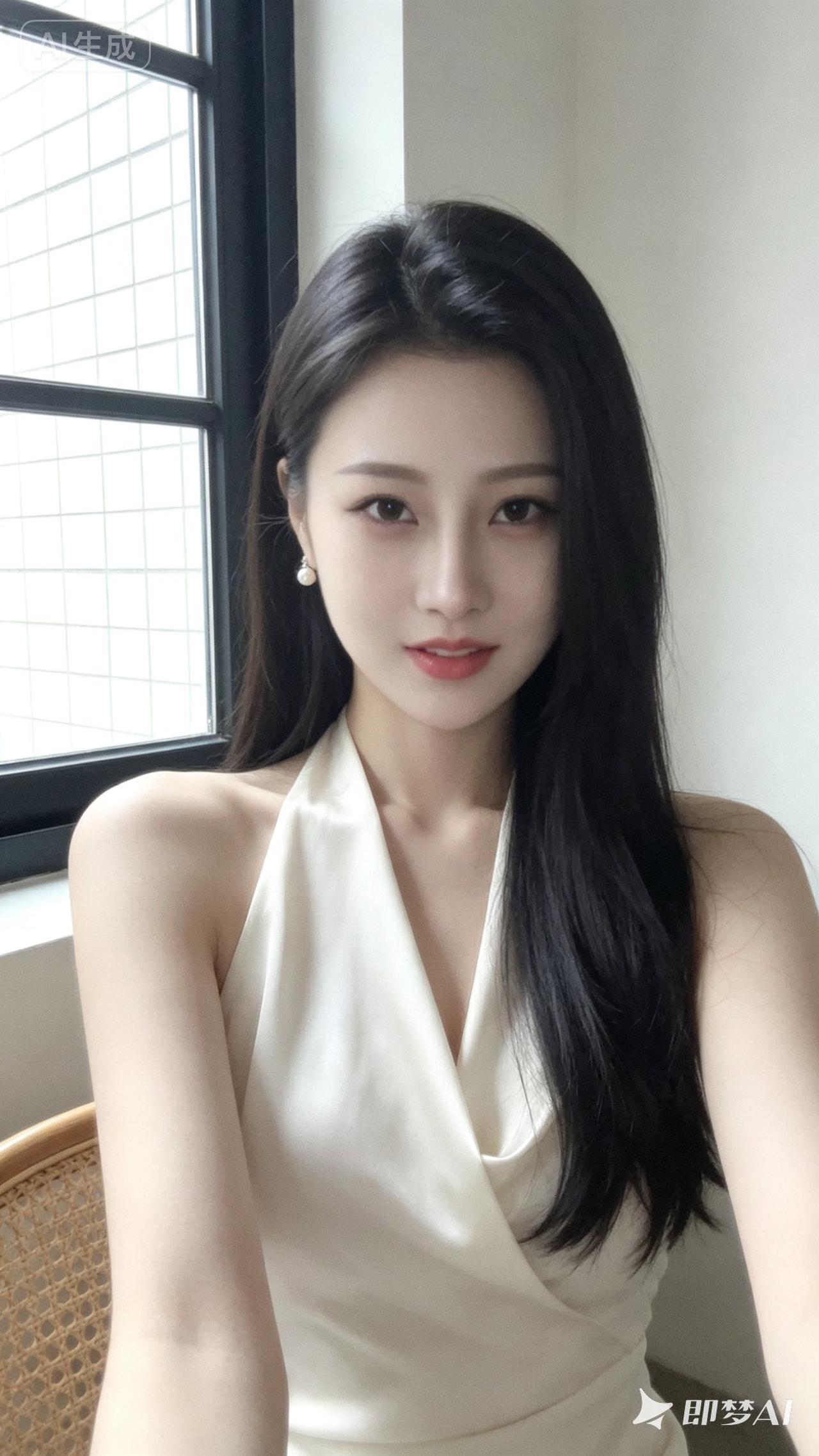 温柔甜美的自拍，白色连衣裙，自然光下更显清新。