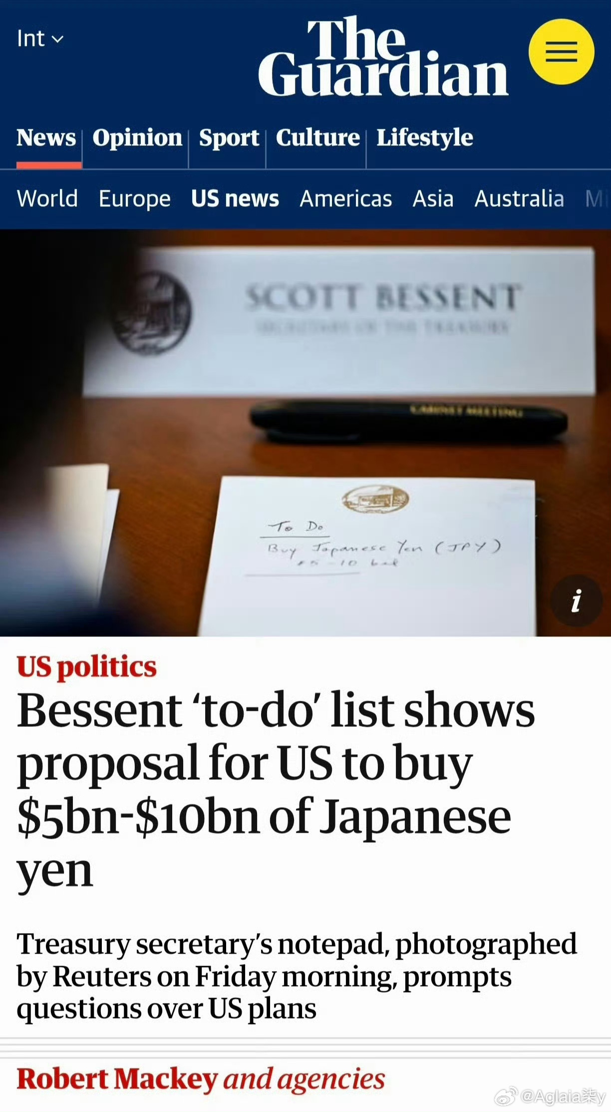 日元全线飙升海外新鲜事国际局势 路透社记者拍到了美国财政部长贝森特的笔记，上面直
