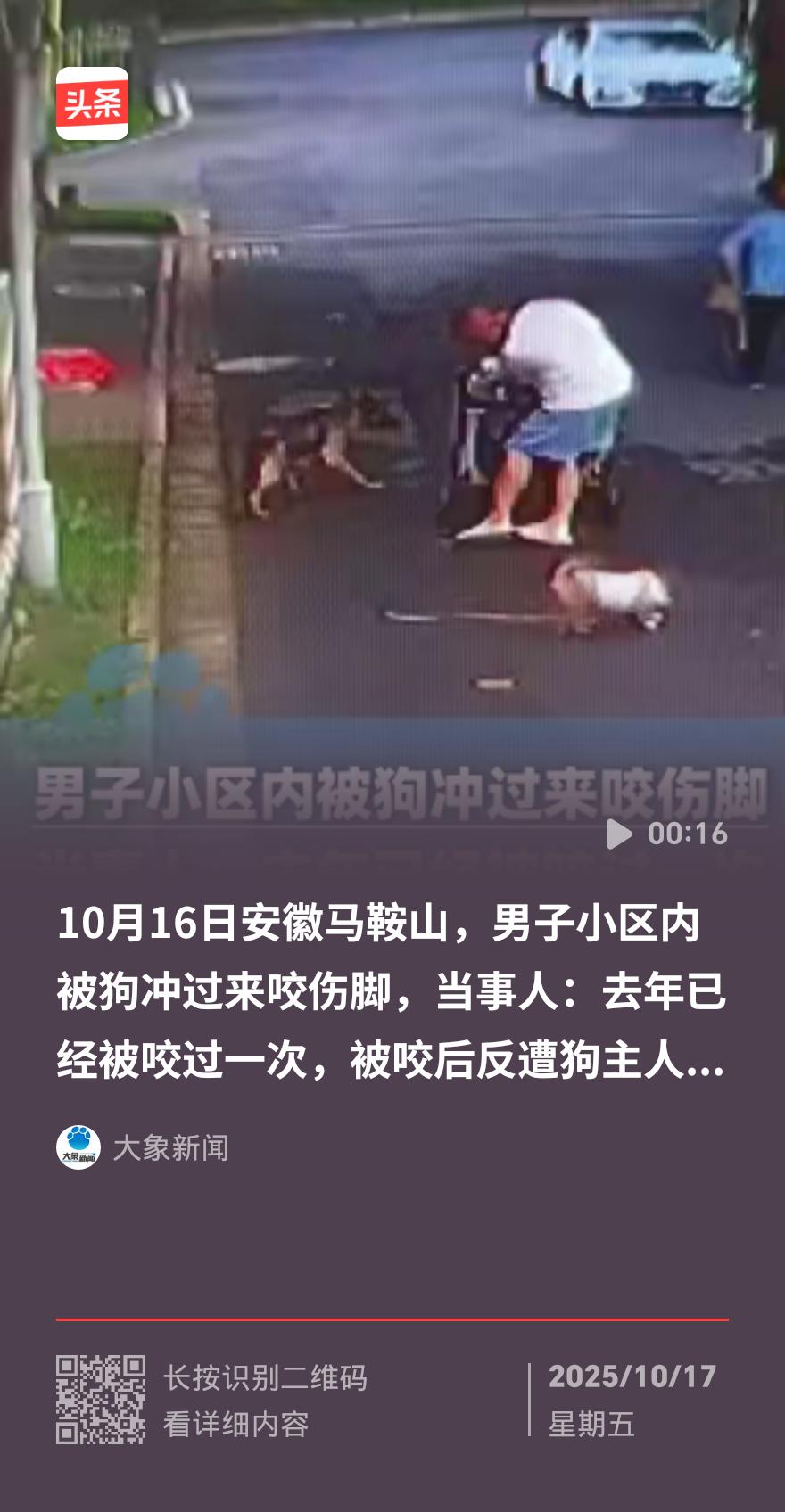 快讯：马鞍山男子两次遭同狗“点名”咬伤，狗主人神逻辑气炸网友
 
安徽马鞍山李先