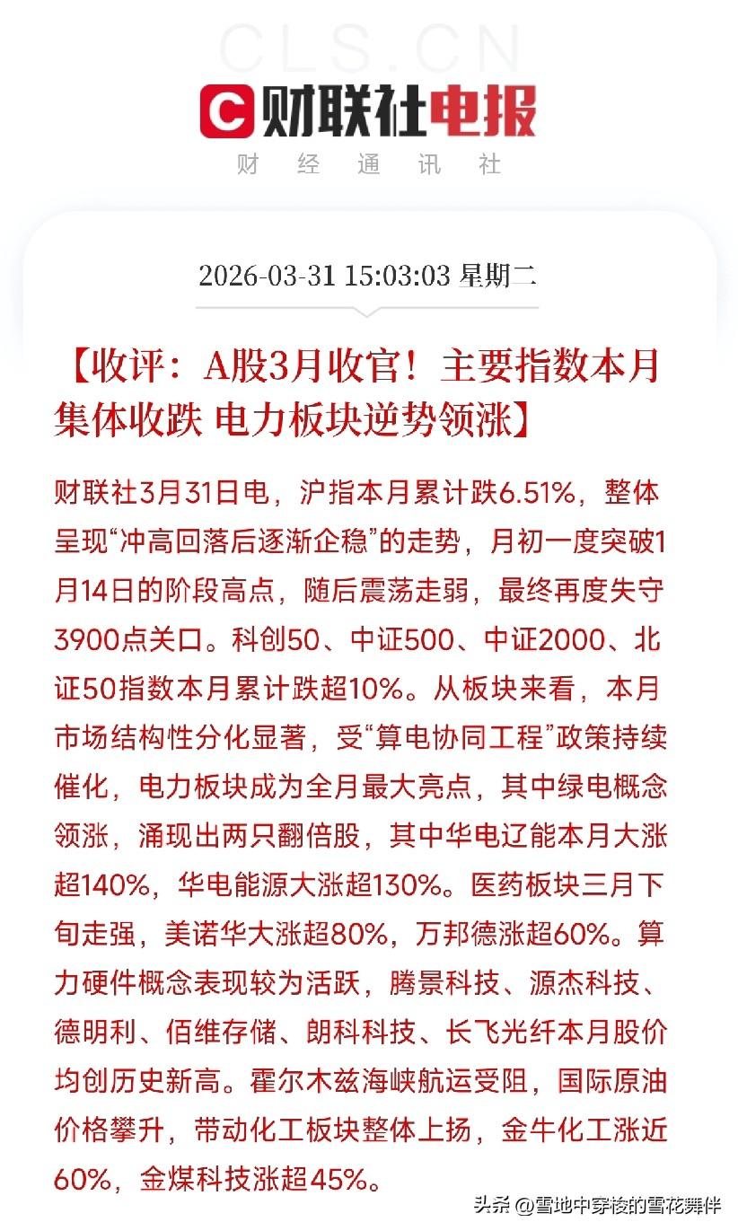 3月收官，A股回调了了6.5%，我的账户也绿了

3月最后一个交易日结束了。沪指