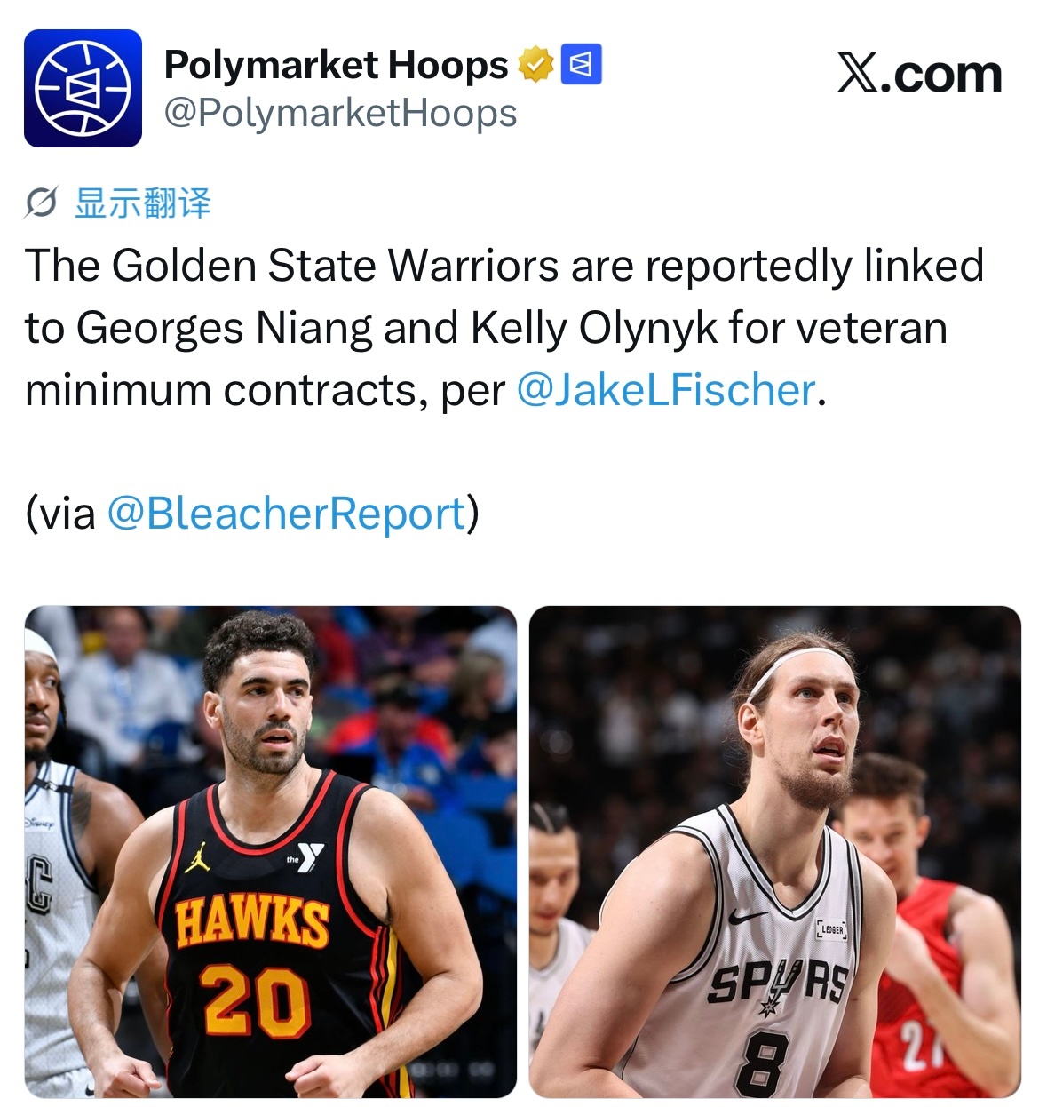Jake Fischer：金州勇士有意以老将底薪合同签下乔治·尼昂、凯利·奥利尼