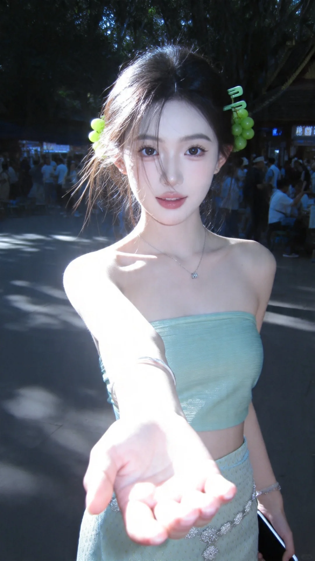 高清监控画面，高清分辨率，发丝垂坠且轻抚泛光，瓷感白肌肤，清纯动人，佩...