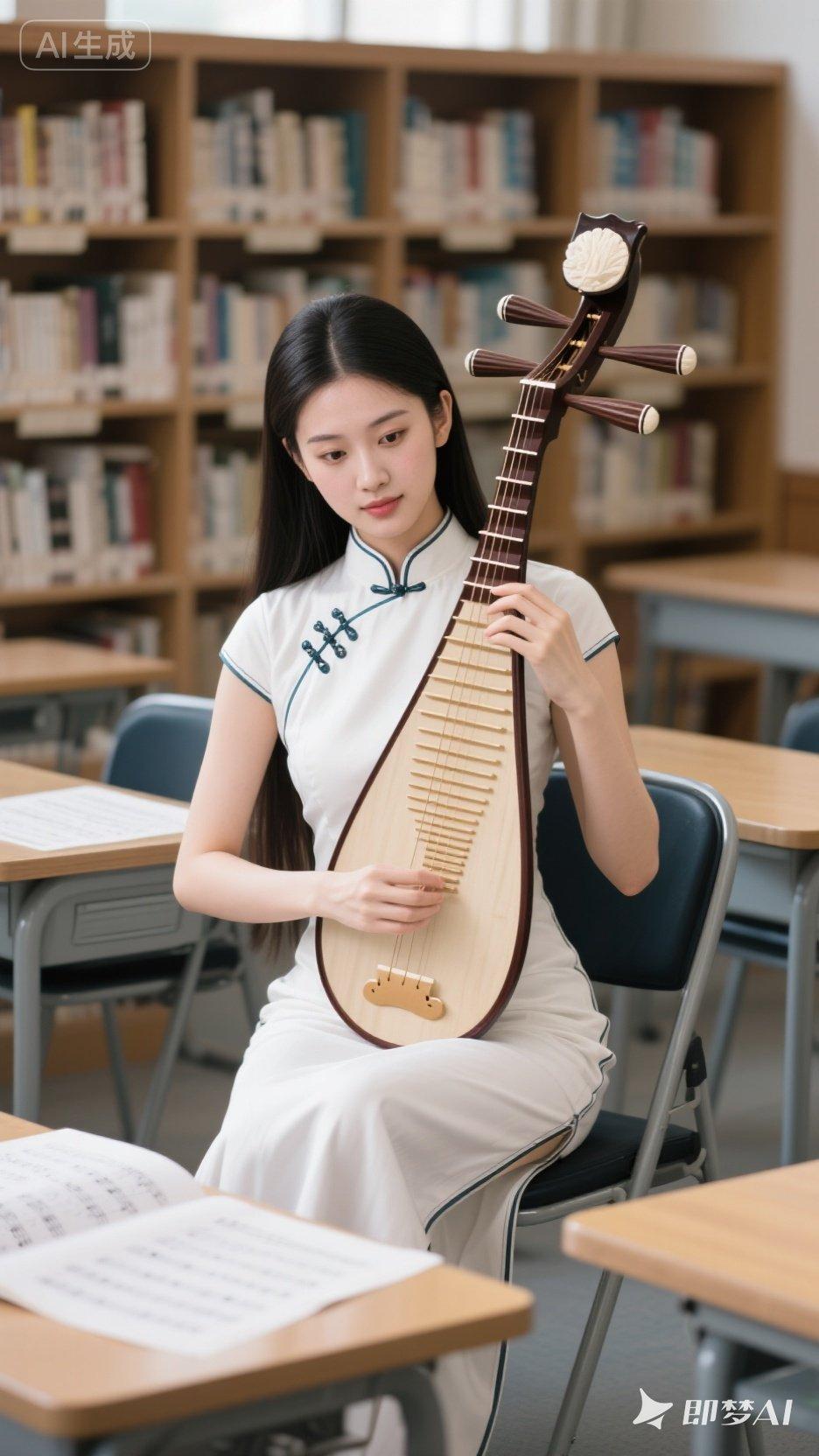 在图书馆里弹奏古筝，感受传统与现代的交融。