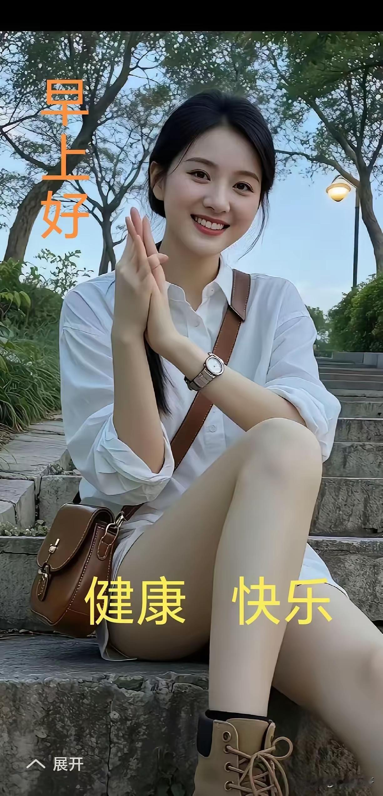 肩挎包，戴手表，
年轻漂亮真难找。
面含微笑阶梯坐，
真诚道声早上好。