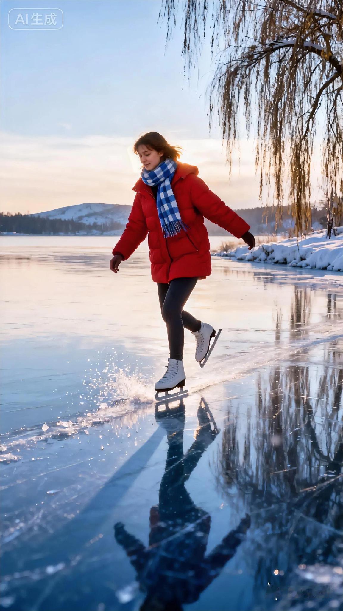 冬日冰上舞步，红衣蓝巾，雪地滑行，自由飞翔。