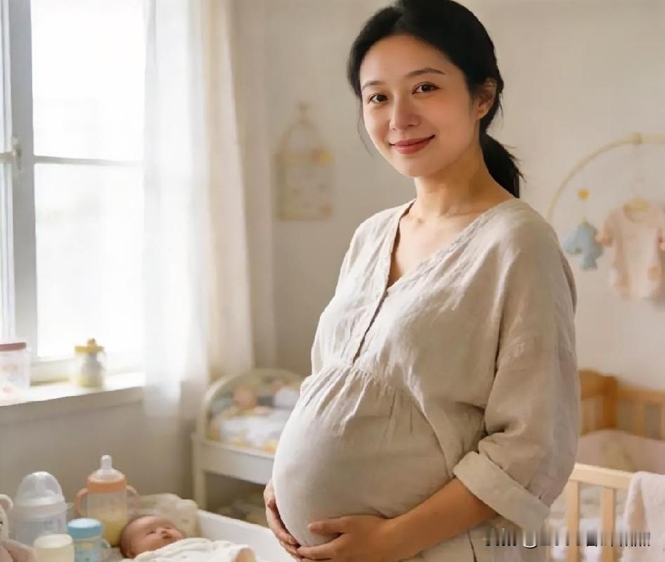 晨光漫过窗棂，素衣孕妈轻抚腹间温柔。身旁稚子安睡，满室暖意，皆是生命新生的美好序