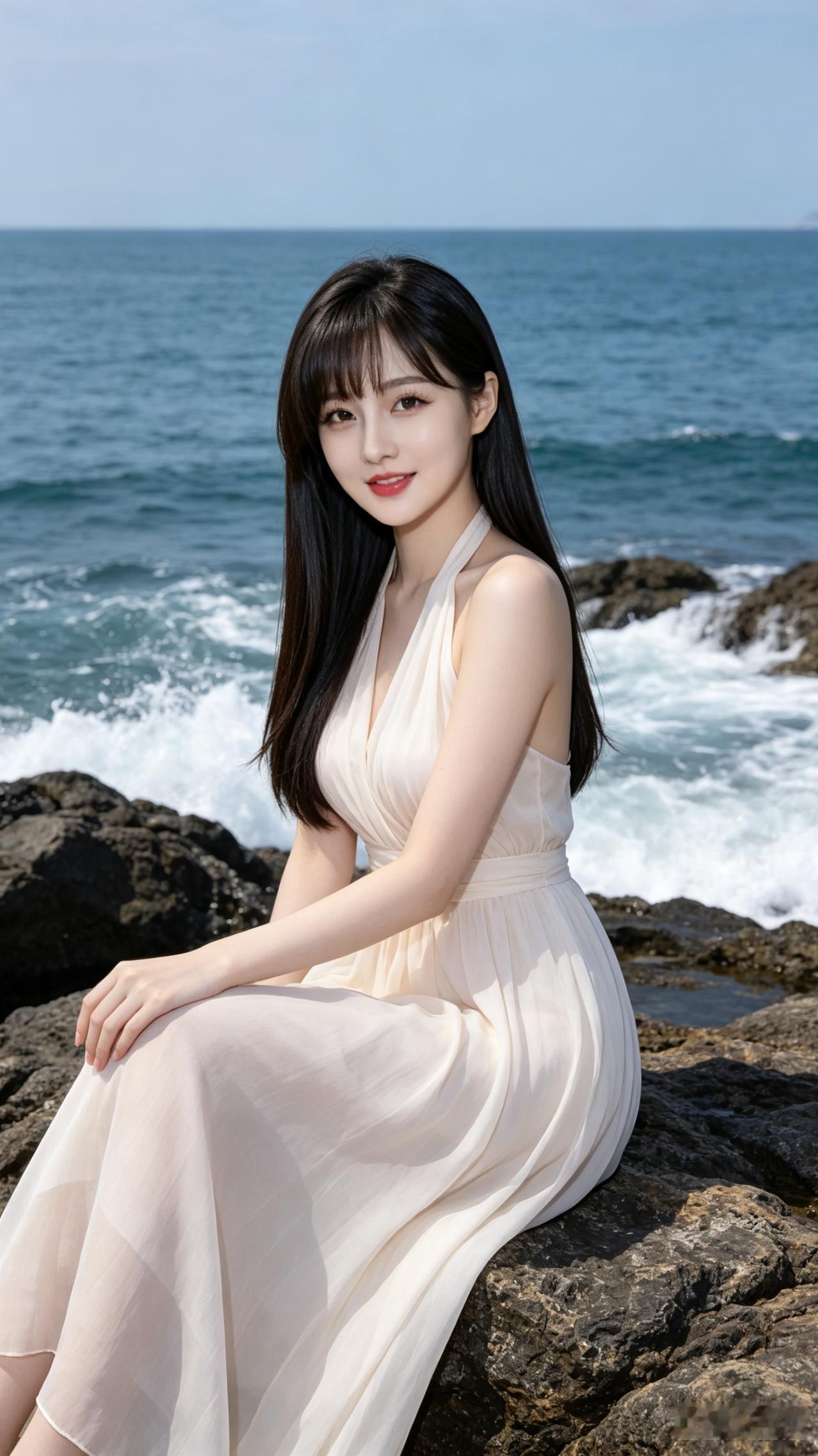 海边漫步，温柔时光，轻纱裙摆随风飘扬。