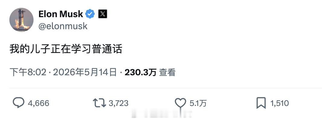 马斯克幼子的虎头包走红，马斯克用中文回复：“我的儿子正在学习普通话。”
