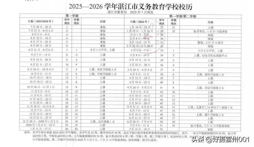 湛江最新校历出炉，中小学迎来超长学期！
终于看到湛江教育局印发的2025-202