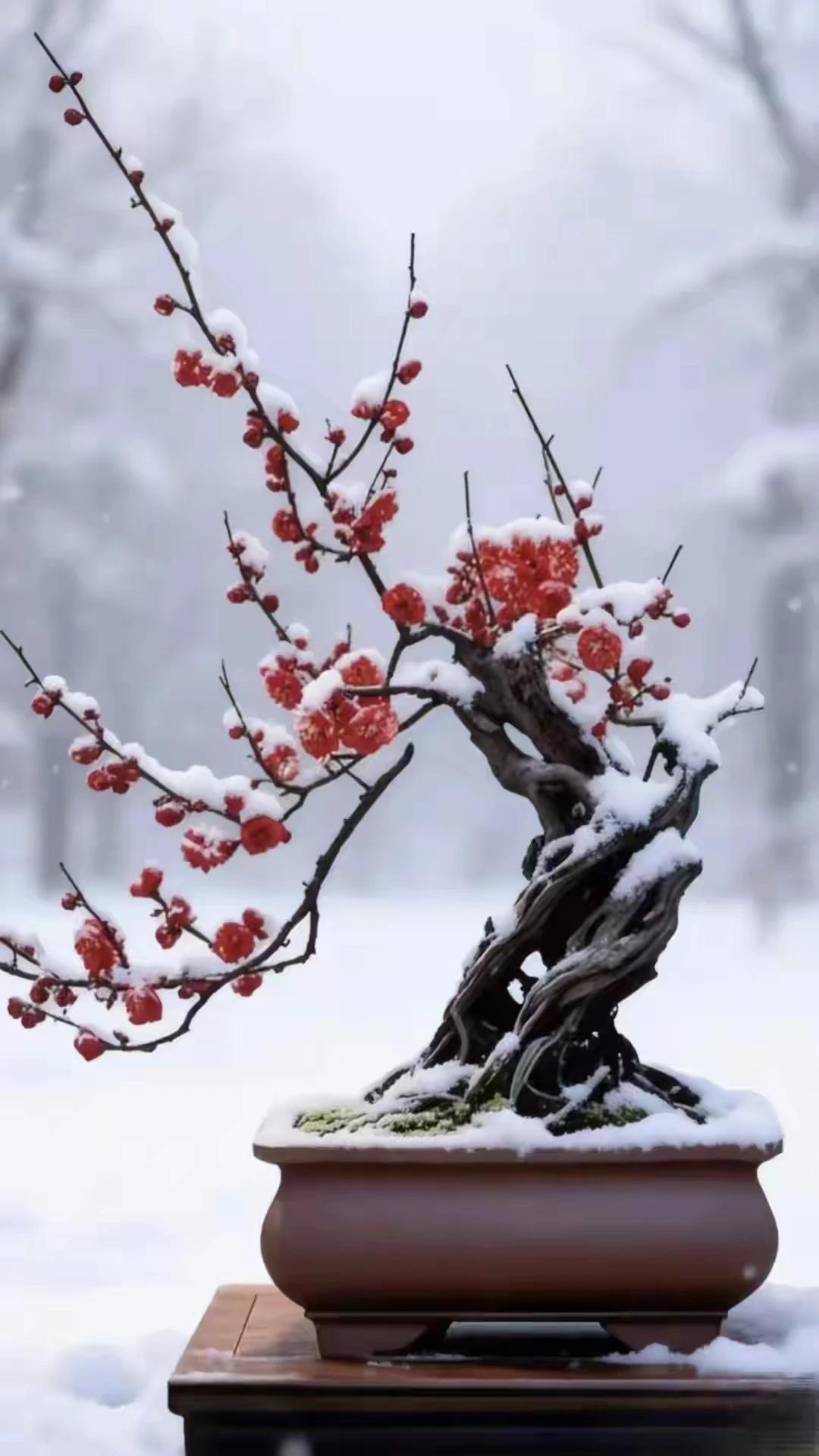 梅花欢喜漫天雪，
飘飘洒洒降人间。