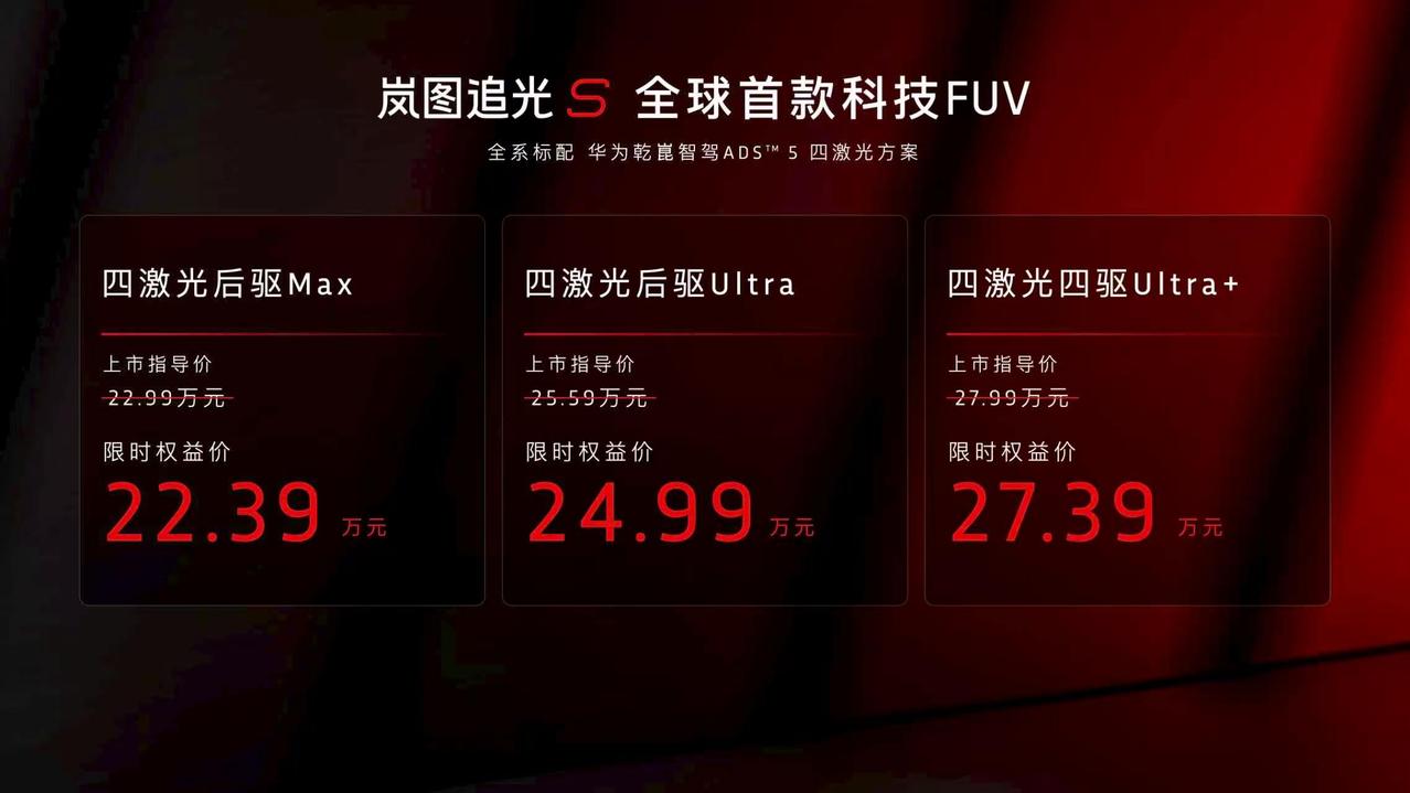 上市
四激光后驱Max版权益后售价：22.39万元
四激光后驱Ultra版权益后