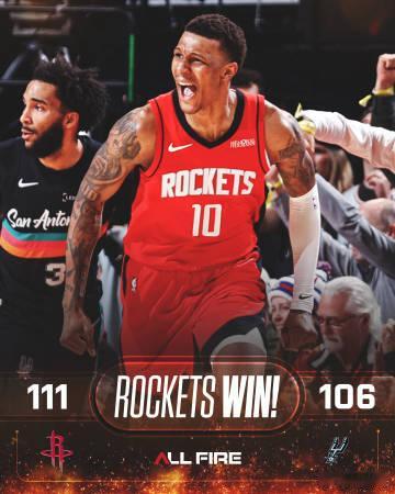 今天火箭主场111-106逆转战胜马刺！取得三连胜！！！谢泼德 谢日天 