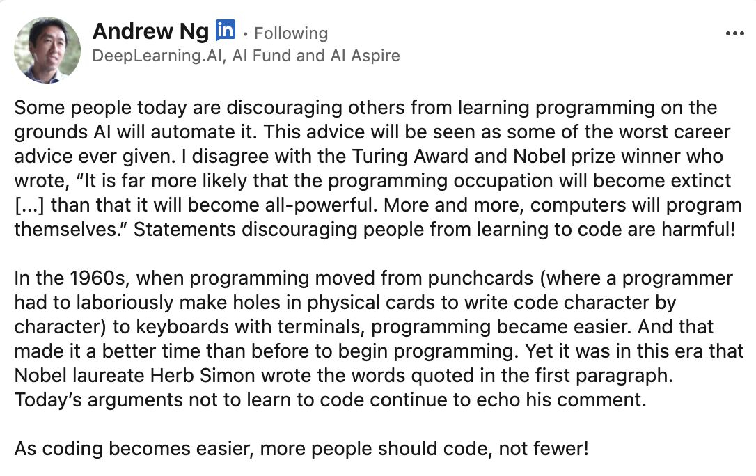 斯坦福大学兼职教授、谷歌大脑联合创始人吴恩达说：今天，有些人以“人工智能将实现编