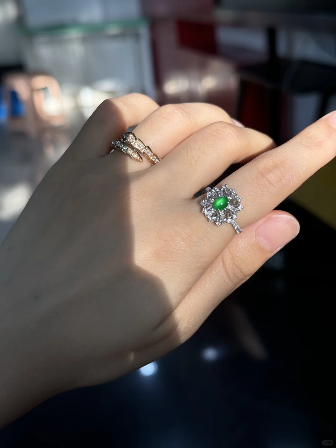 Dream forest龙石种黄阳绿蛋面翡翠戒指