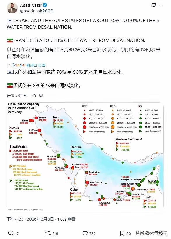 到底是谁更担心海水淡化厂被炸呢？
伊朗约有3%的水源依靠海水淡化厂，而以色列和中