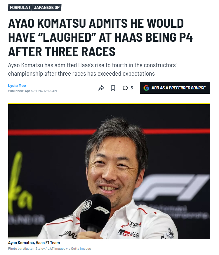 哈斯车队领队小松礼雄承认，在三场比赛之后哈斯位列车队积分积分榜第四位，这一表现超