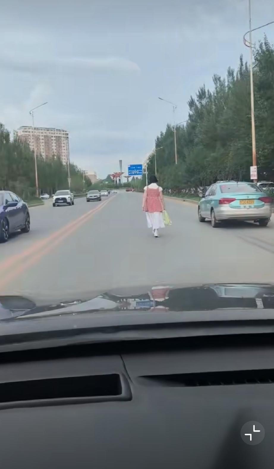 一名女子在路中间行走，司机按喇叭催促，女子却无动于衷，她会不会觉得自己可爱极了。