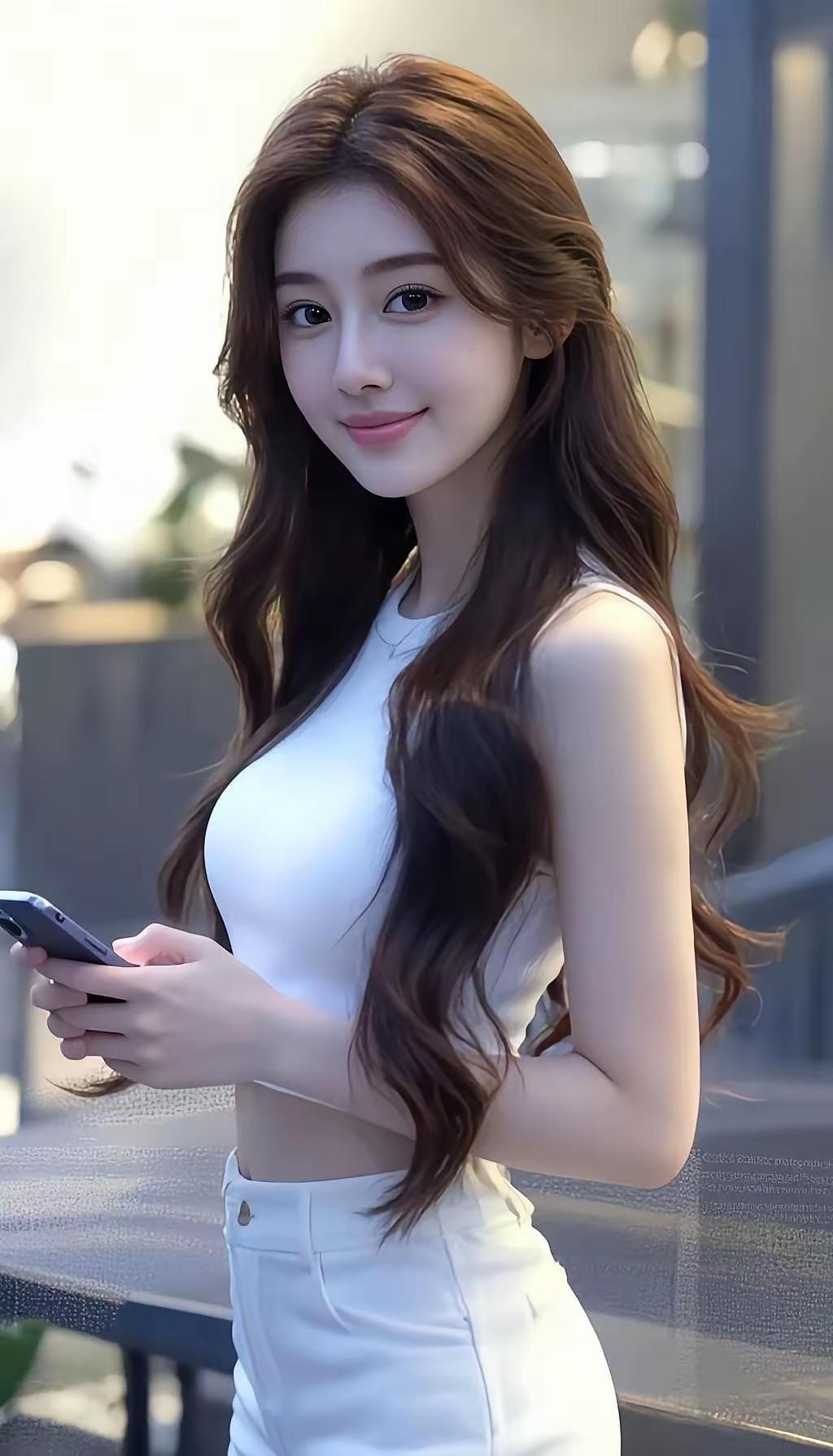 甜美少女风，白色上衣搭配牛仔裤，手机自拍，元气满满！😊📱👗