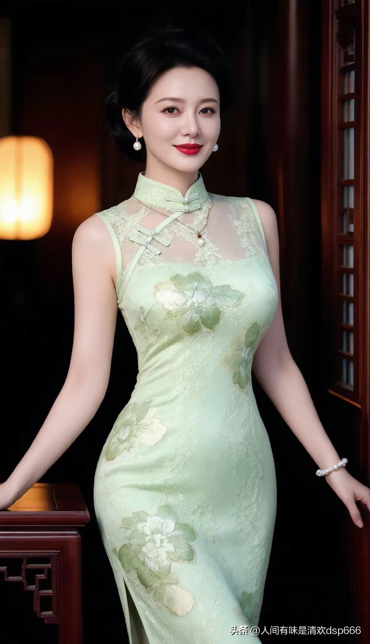上联：浅绿旗袍凝雅韵
下联：清妍眉目蕴温柔
 
一袭淡绿无袖旗袍，牡丹刺绣清雅动