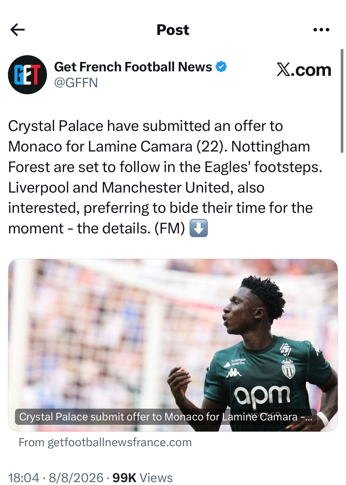 Foot Mercato：利物浦对摩纳哥中场拉明·卡马拉的兴趣已持续数月，他们一