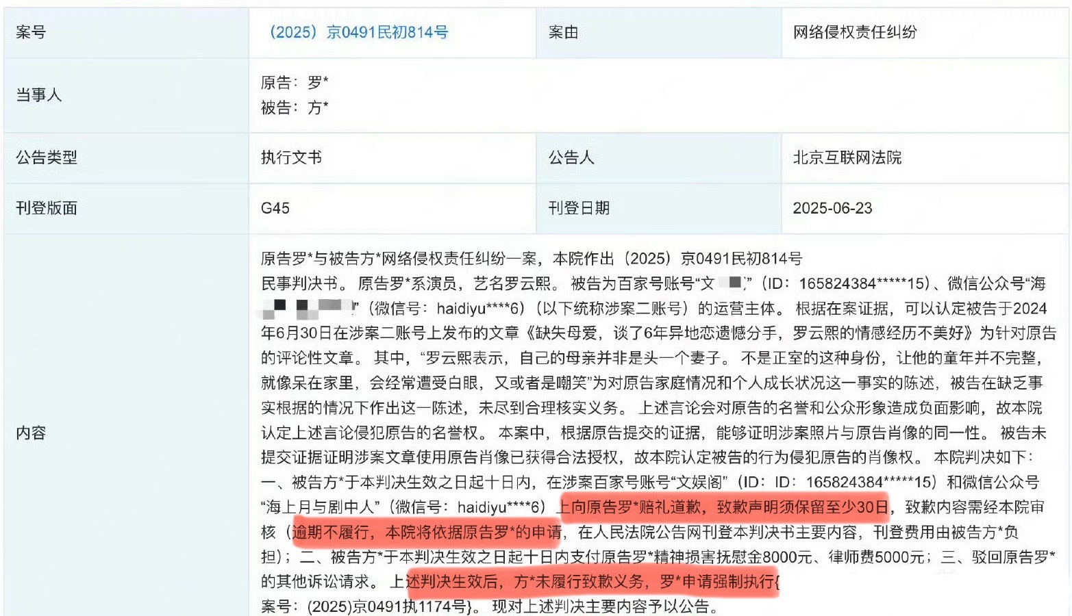 罗云熙胜诉了！罗云熙申请强制自媒体道歉 ​​​
