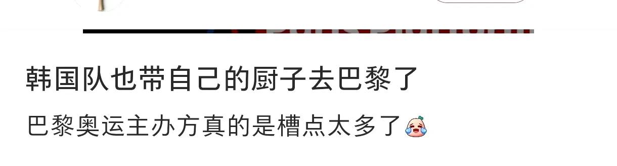 韩国队带厨子去巴黎？我在想，韩国队直接吃美国队剩下的不就行了吗，带啥厨子啊？是吧