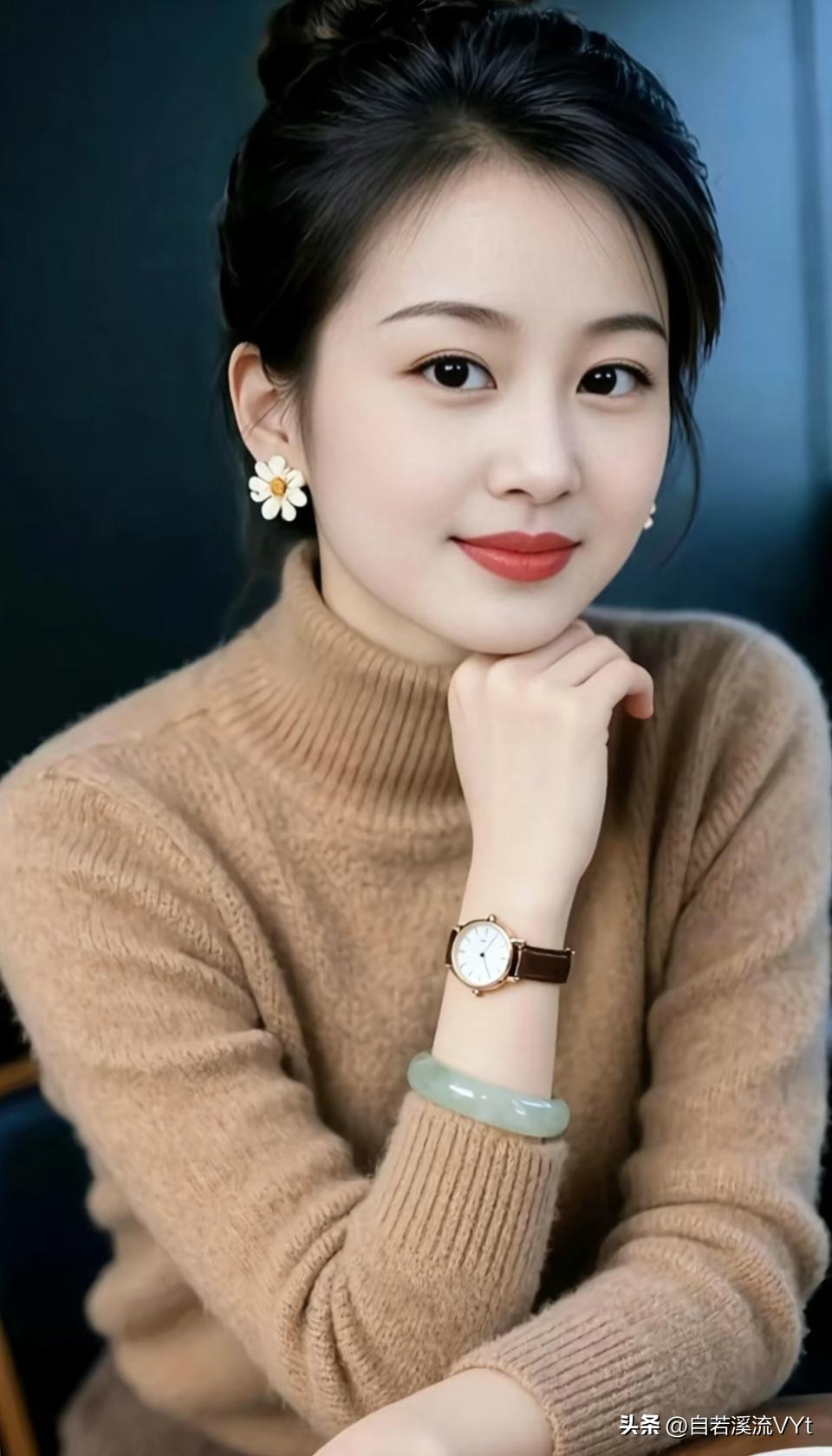 五言·闲坐
 
浅褐绒衫软，轻妆映静颜。
菊簪明鬓畔，玉镯润腕间。
笑敛三分暖，