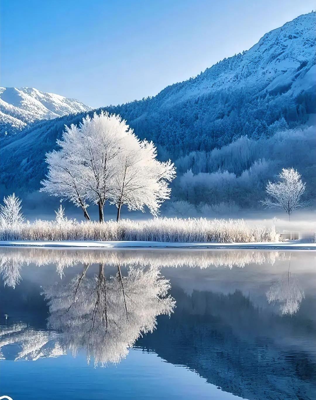冬日生活打卡季 雪映寒江静，霜染古木幽。