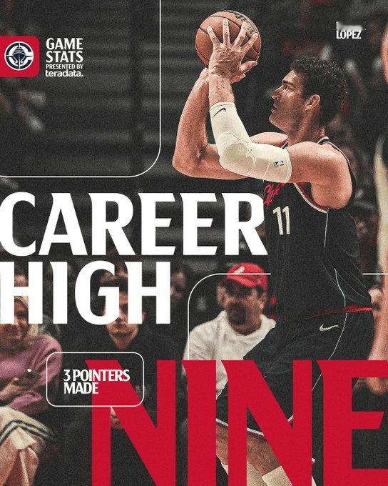 对阵开拓者，洛佩斯投进9记三分，为NBA历史中锋第二多，仅次于唐斯（10记）。不