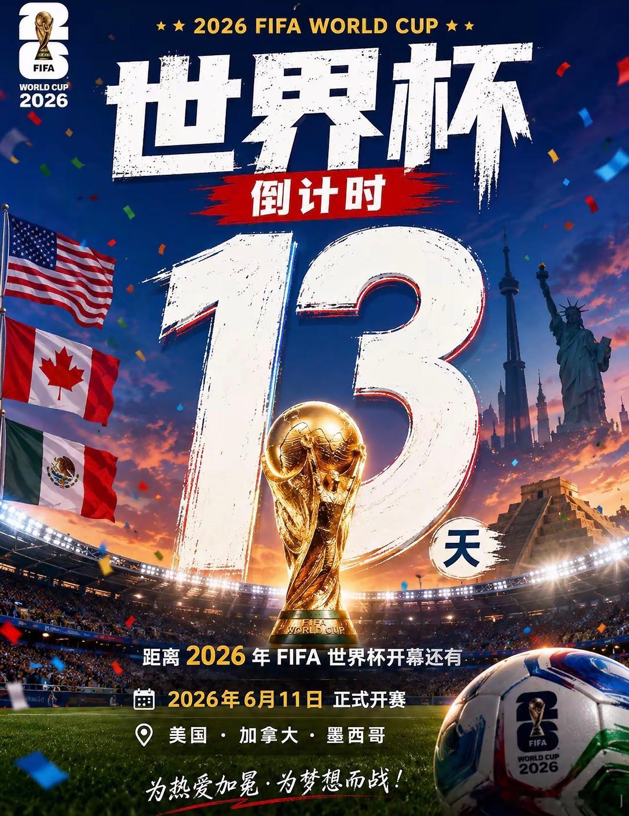 2026美加墨世界杯倒计时13天，这就只剩两周了？朋友们你们都准备好了吗？马上就