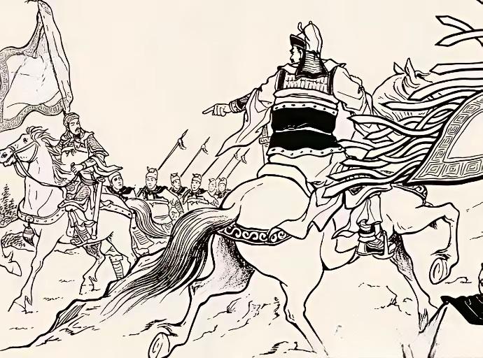 走开走开。此图中一将骑着高头大马，脸上写满了不高兴，用手指着一旁的一人...