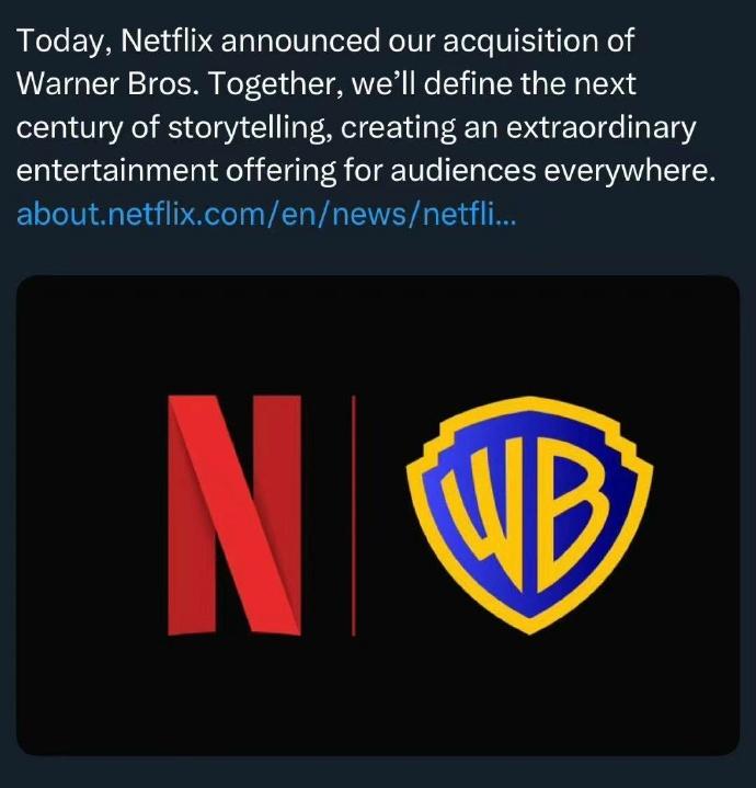 Netflix真把华纳兄弟给收购了啊，好像还是贷款凑钱才买下的。 

* 成交价
