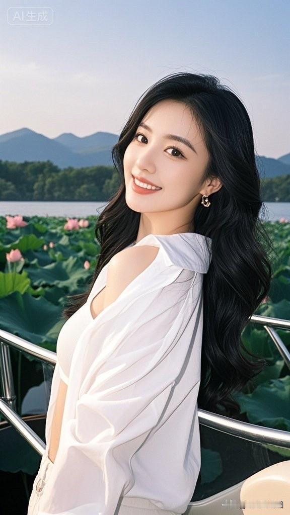 夏日清新少女，湖畔漫步，笑靥如花