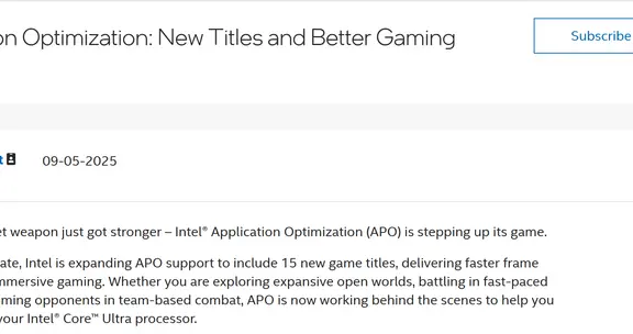 英特尔发布更多APO更新 新添15款游戏性能最高提升14%