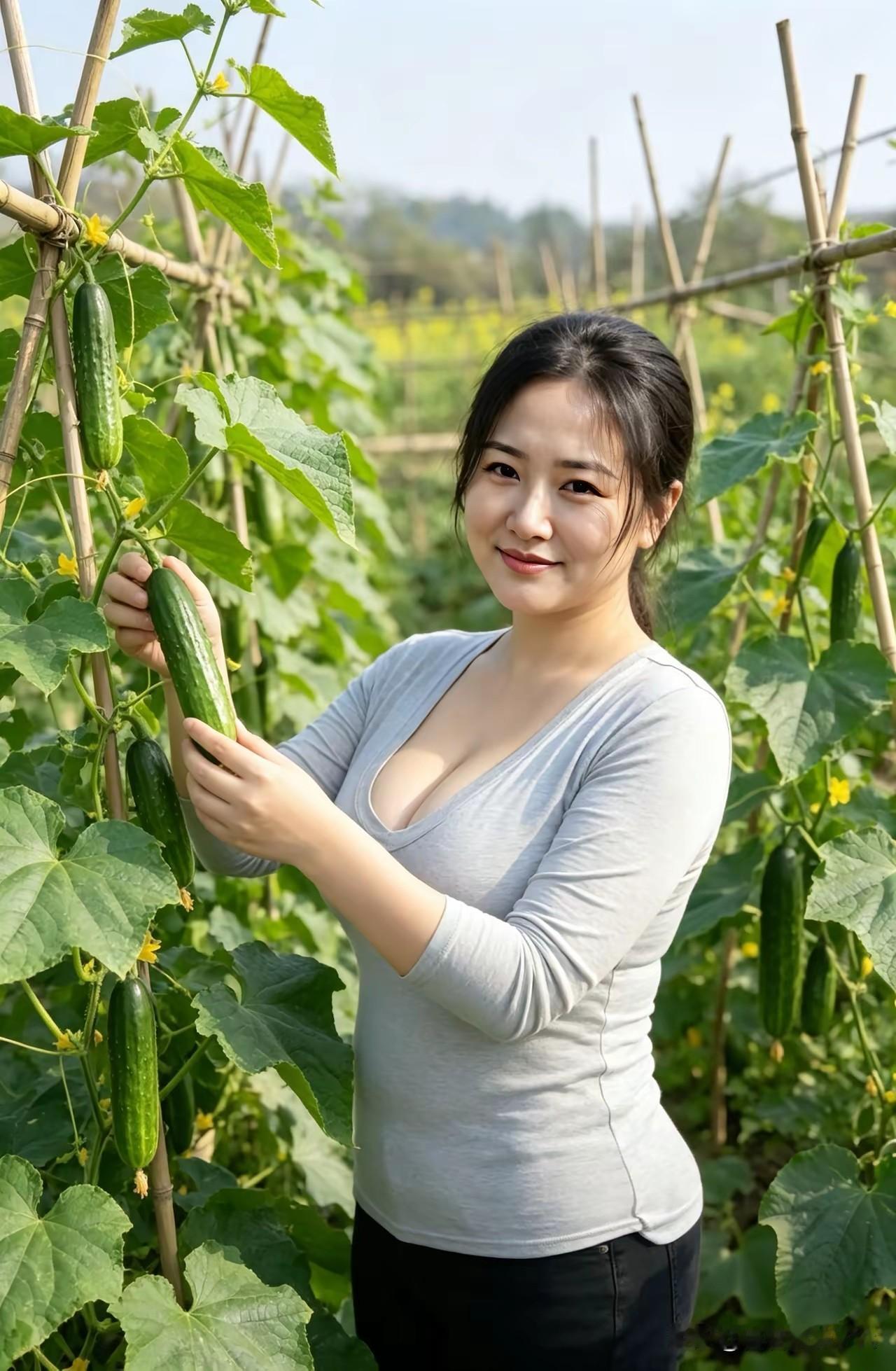 七绝·瓜园撷趣
 
青蔓牵风覆碧畴，佳人含笑摘新柔。
田园自有清欢味，不羡城中锦