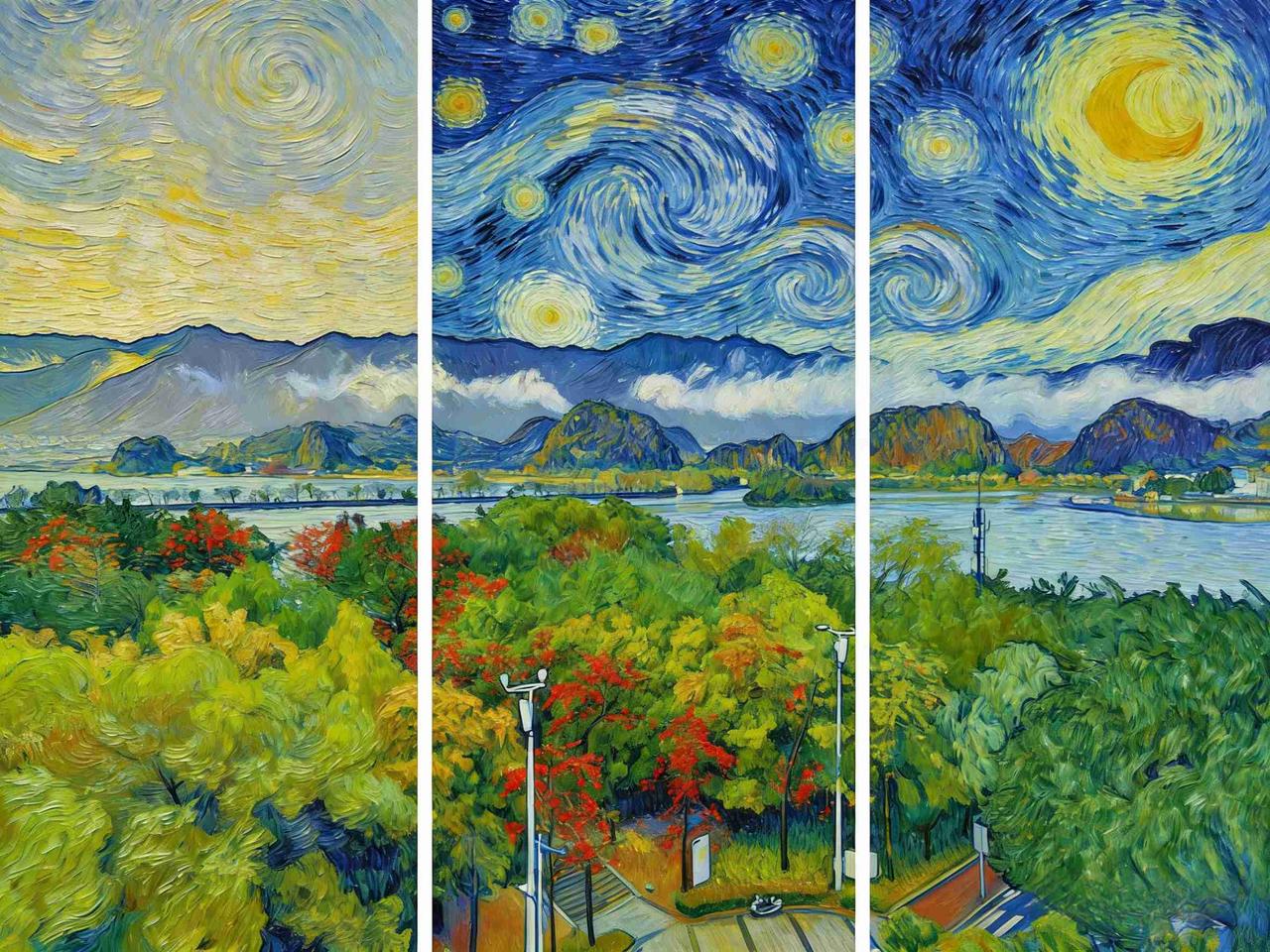 北眺星湖春望（七绝）
 
雨歇烟生抱碧湖，北峰衔日入云图。
满林花影红侵岸，一枕