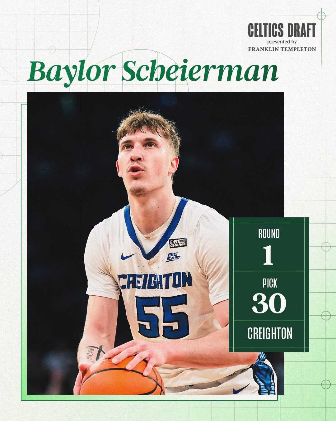 凯尔特人在首轮第30顺位选中贝勒-谢尔曼(Baylor Scheierman)身