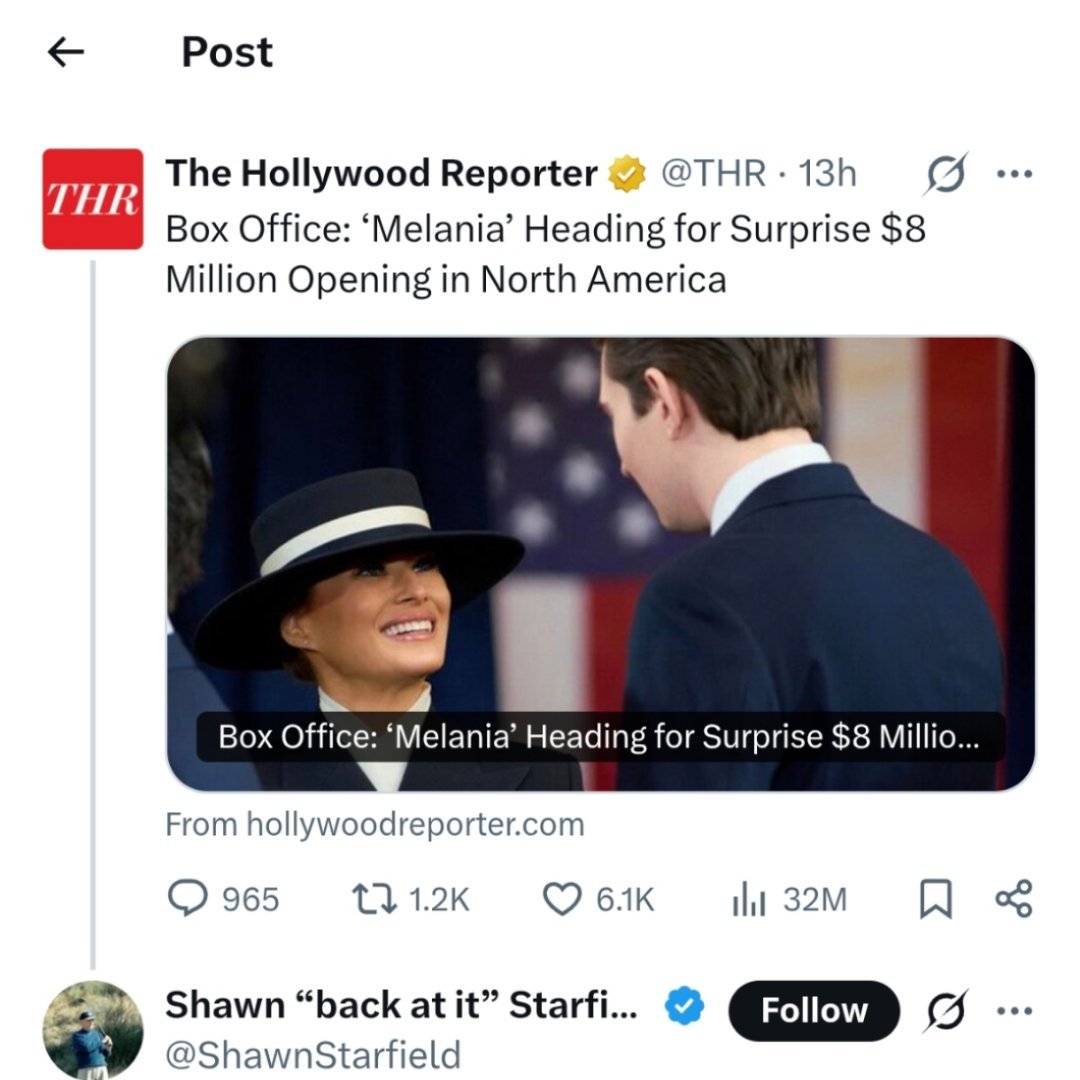 特朗普夫人纪录片票房惨淡惨淡吗？¹ 首周末票房达到“惊喜的800万美元”！² 这