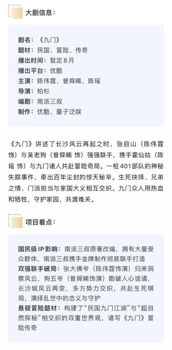 陈伟霆曾舜晞九门招商九门预计8月5日开播 九门预计8月5日开播，陈伟霆曾舜晞九门
