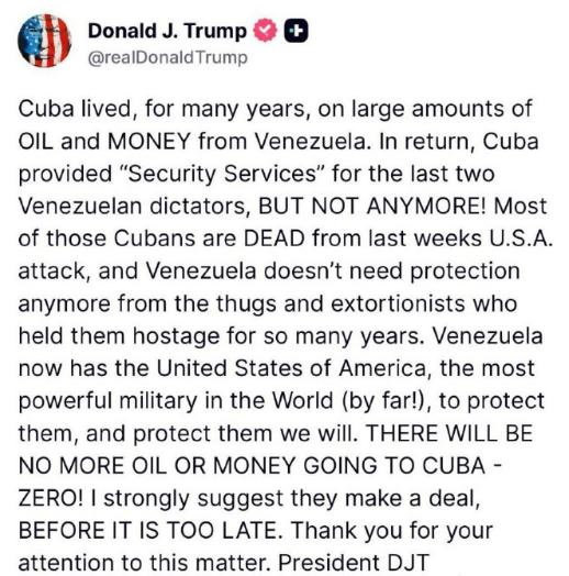 古巴要惨了，美国是对古巴也不放过，也要对古巴也下狠手，特朗普在社交媒体上发文表示