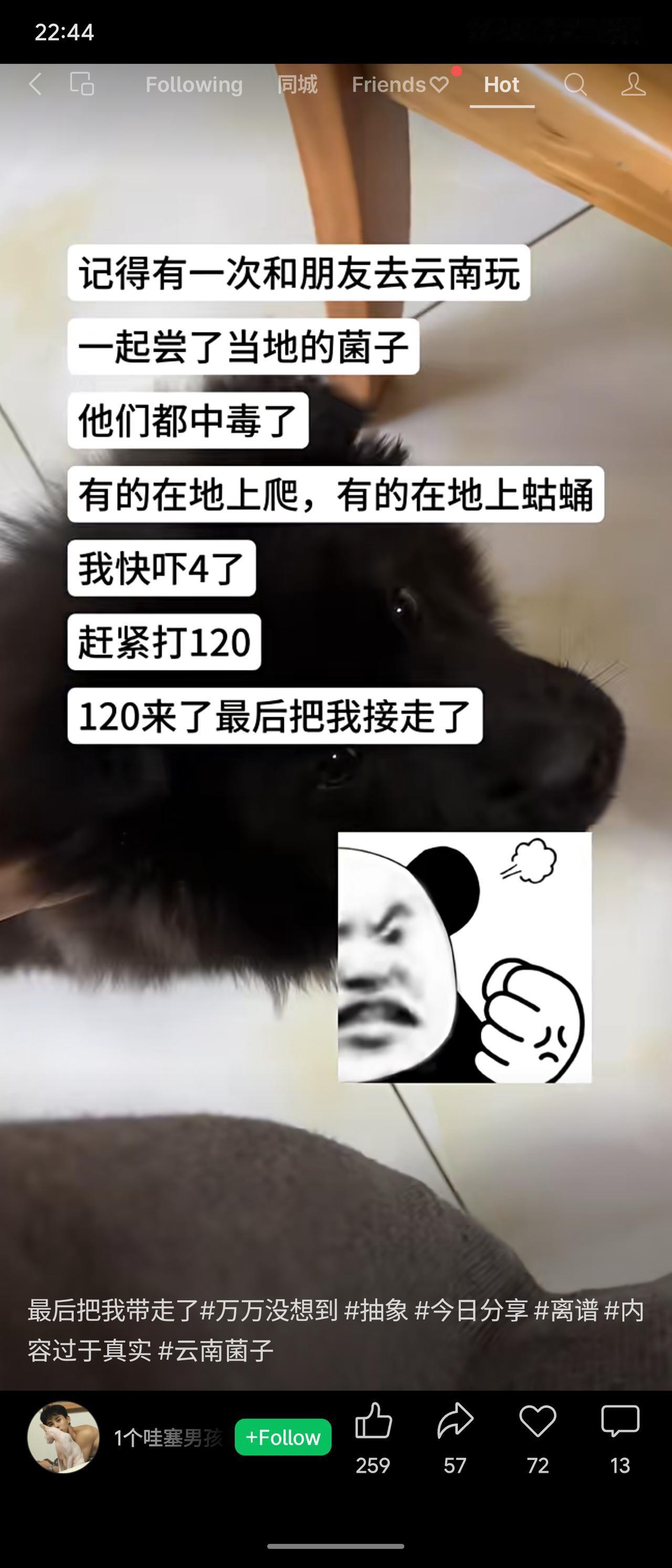 在云南食用当地野生菌后，朋友中毒出现幻觉行为异常，作者惊恐呼叫救护车。结果急救人